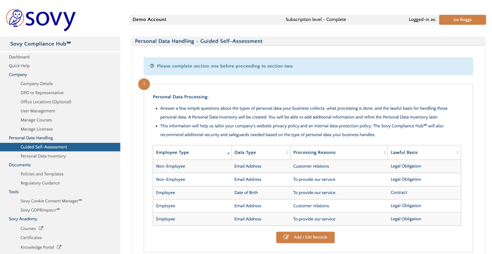 screenshot of Sovy GDPR Privacy Essentials